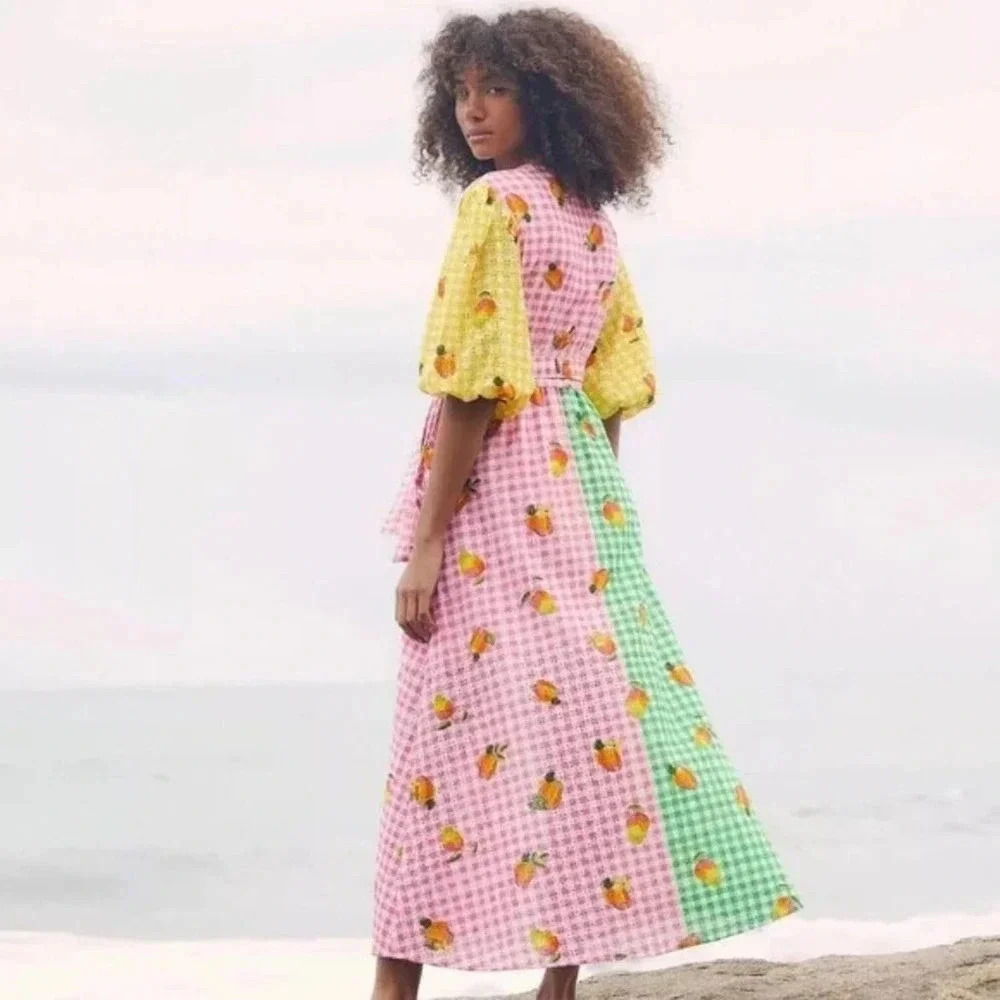 FARM Rio Green Pink Yellow Gingham Maxi Dress with Fruit Print - Picture 6 of 12